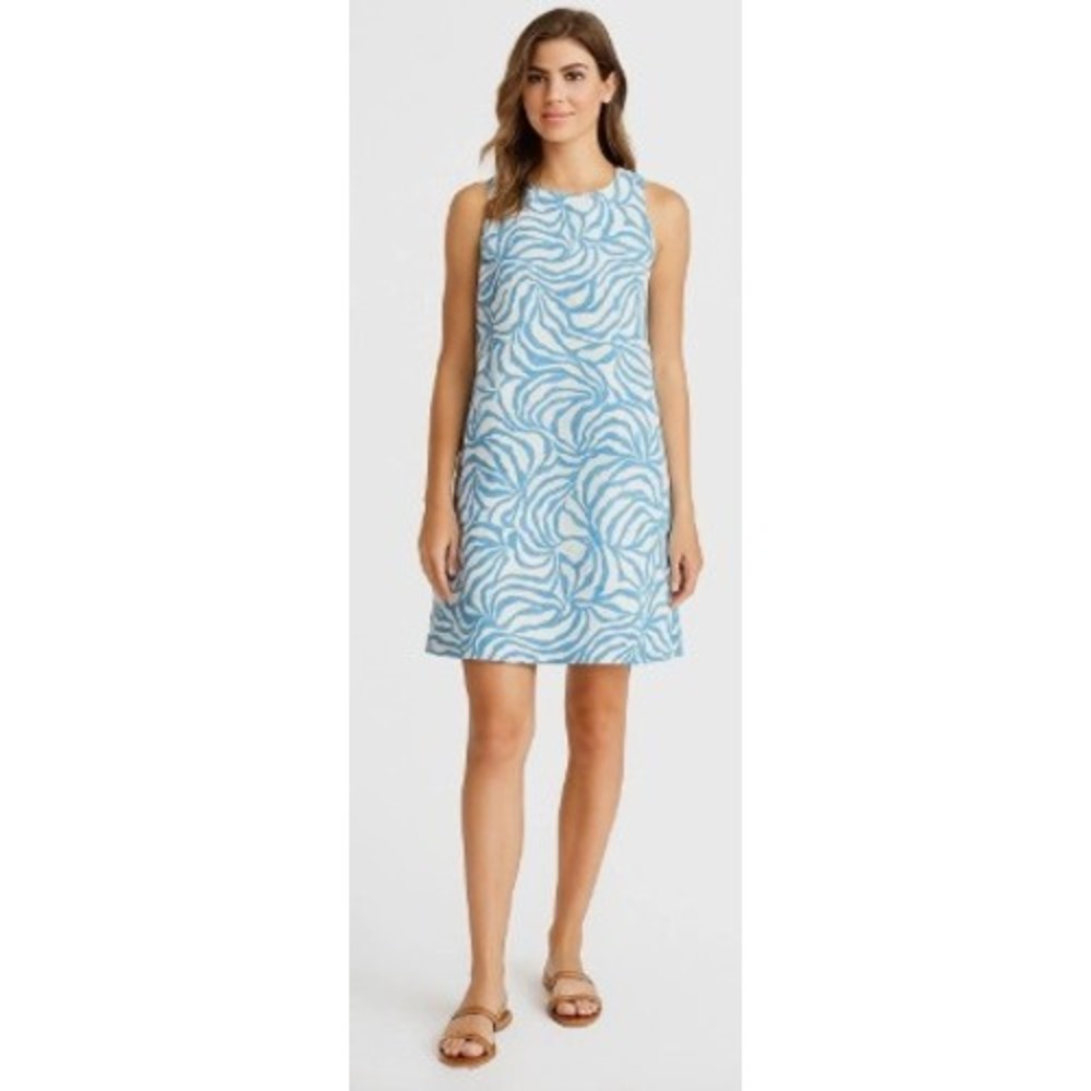 NWT Tahari 100% Linen Shift Dress XL Sleeveless‎ Blue White Leaf Casual Sundress